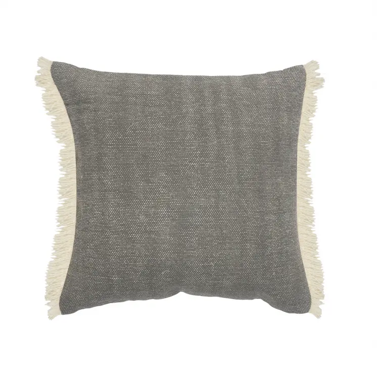 20" Gray And Ivory Cotton Color Block Throw Pillow with Fringe