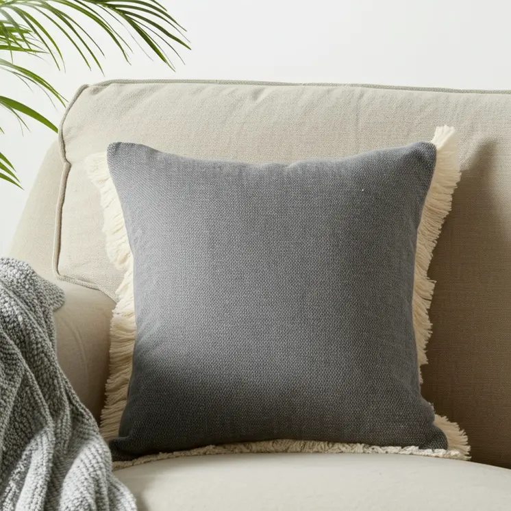 20" Gray And Ivory Cotton Color Block Throw Pillow with Fringe