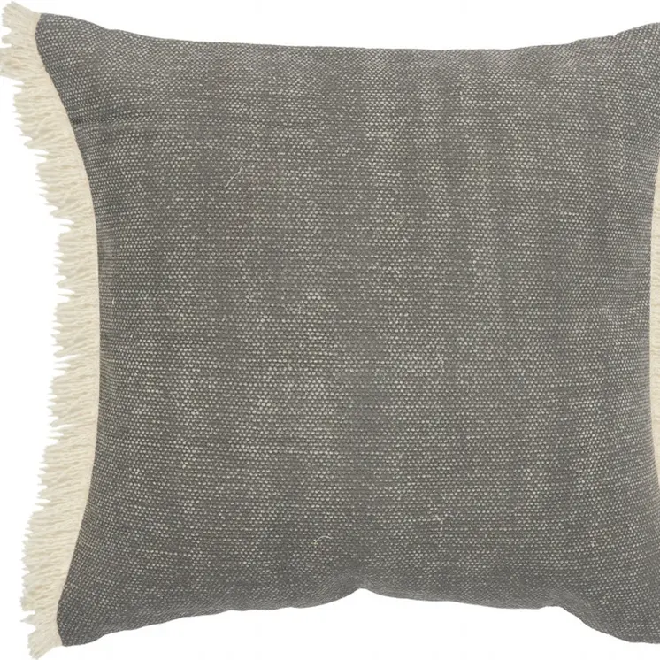 20" Gray And Ivory Cotton Color Block Throw Pillow with Fringe