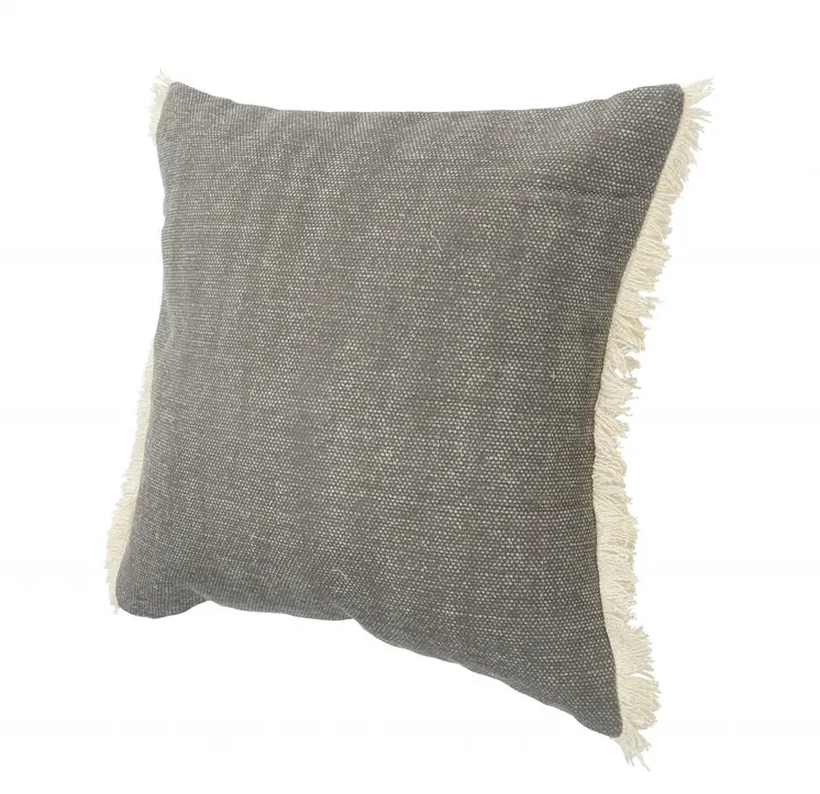20" Gray And Ivory Cotton Color Block Throw Pillow with Fringe