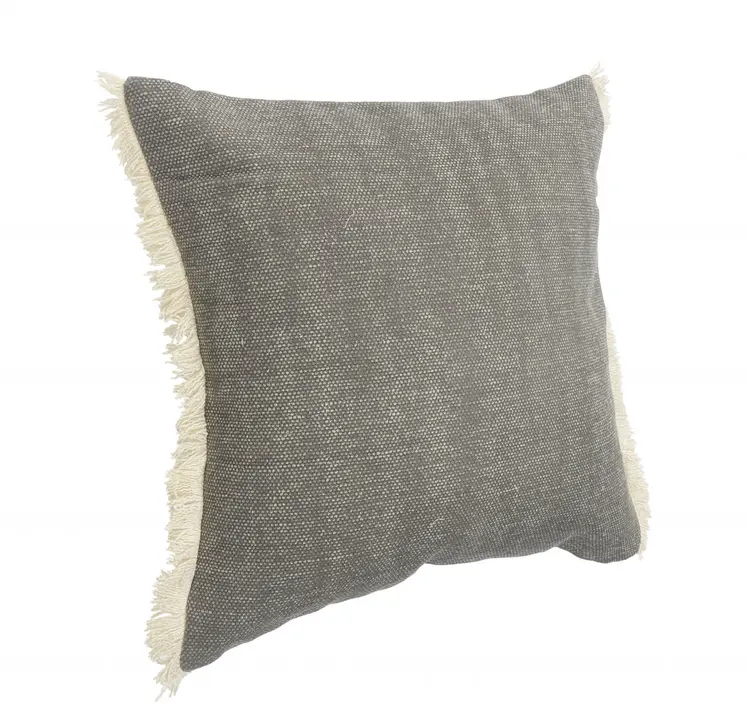 20" Gray And Ivory Cotton Color Block Throw Pillow with Fringe