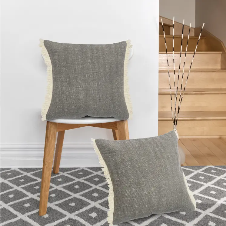 20" Gray And Ivory Cotton Color Block Throw Pillow with Fringe