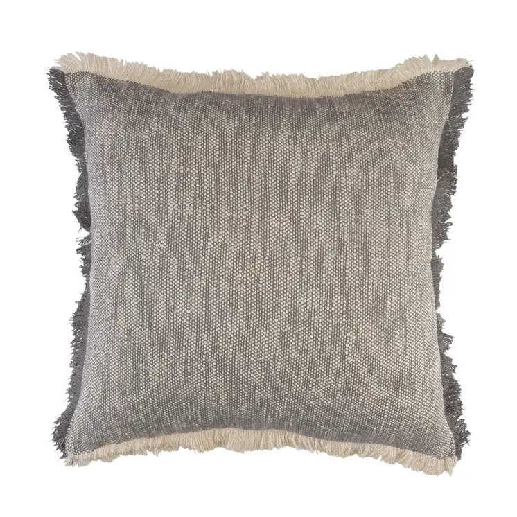 20" Gray And White Cotton Abstract Throw Pillow with Fringe