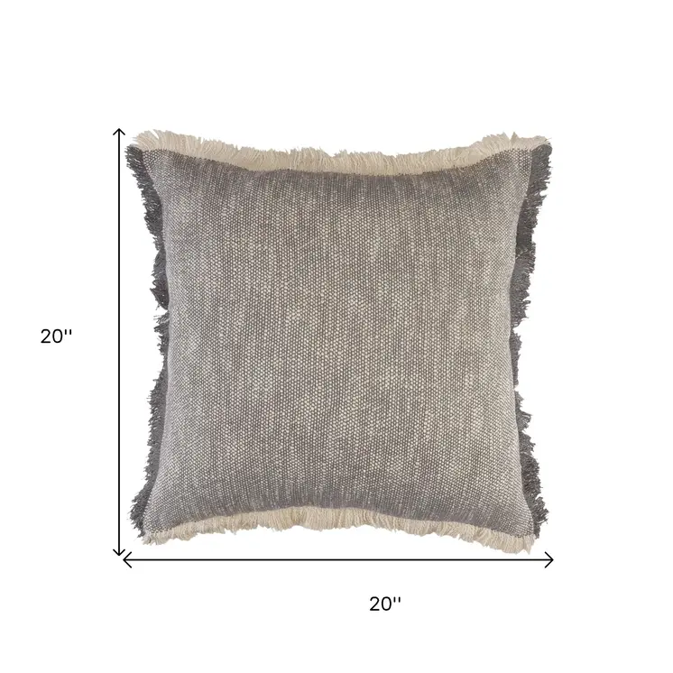 20" Gray And White Cotton Abstract Throw Pillow with Fringe