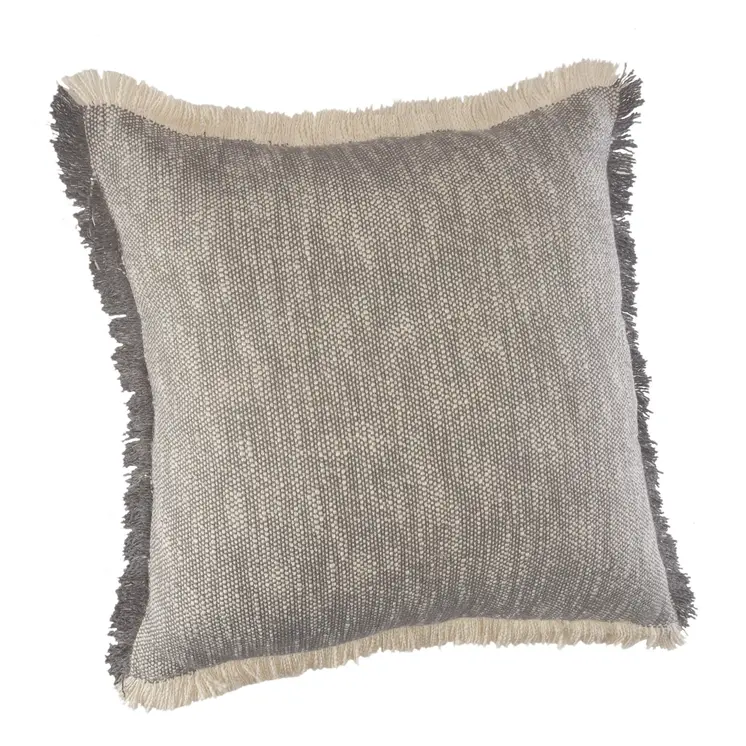 20" Gray And White Cotton Abstract Throw Pillow with Fringe