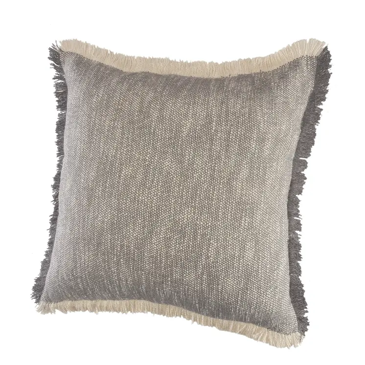 20" Gray And White Cotton Abstract Throw Pillow with Fringe