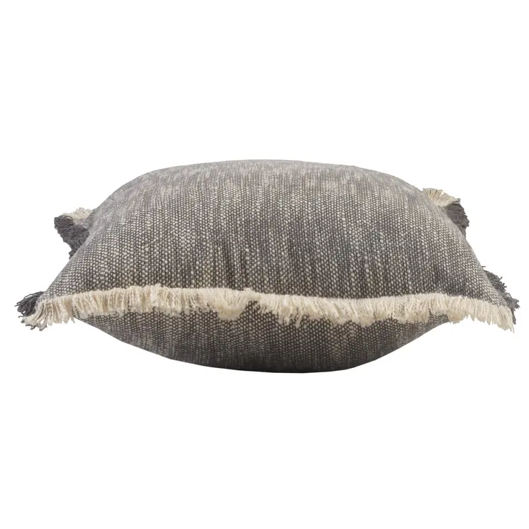 20" Gray And White Cotton Abstract Throw Pillow with Fringe