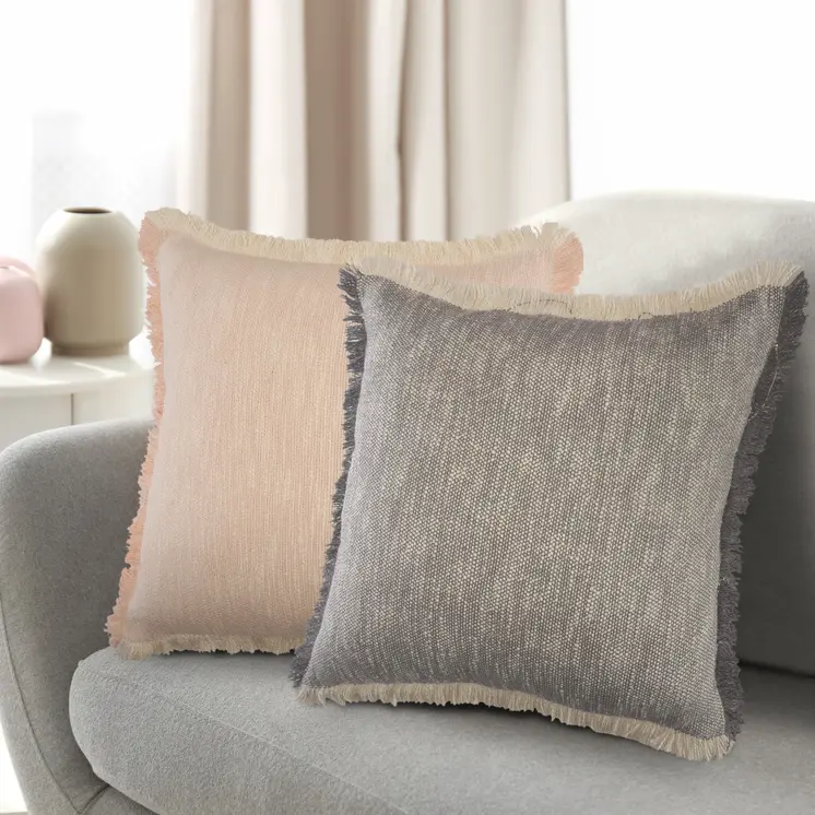20" Gray And White Cotton Abstract Throw Pillow with Fringe