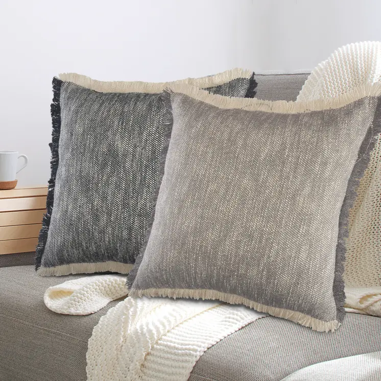 20" Gray And White Cotton Abstract Throw Pillow with Fringe