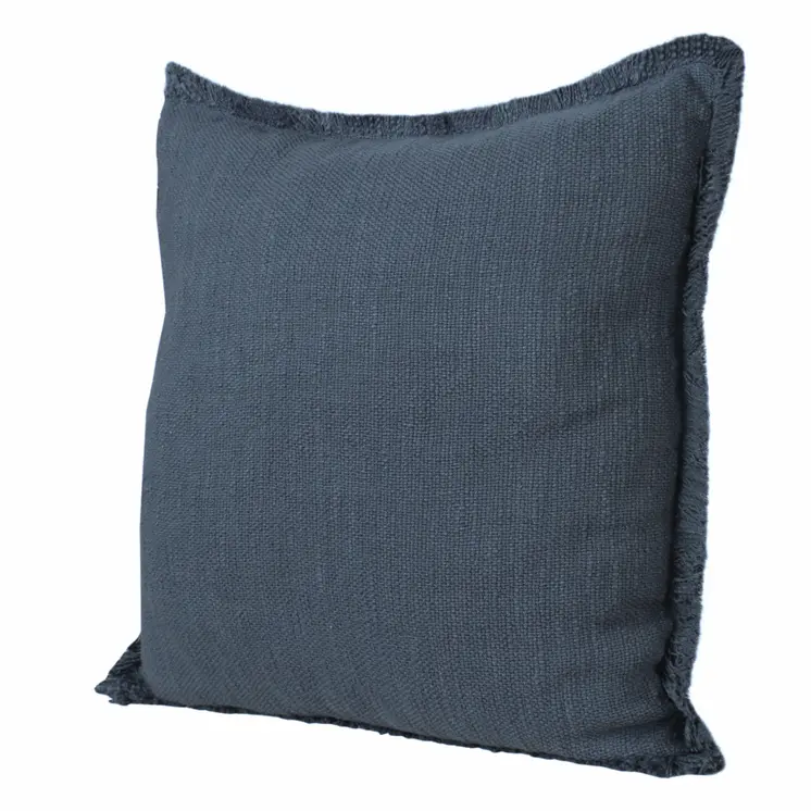 20" Navy Blue Cotton Throw Pillow with Fringe