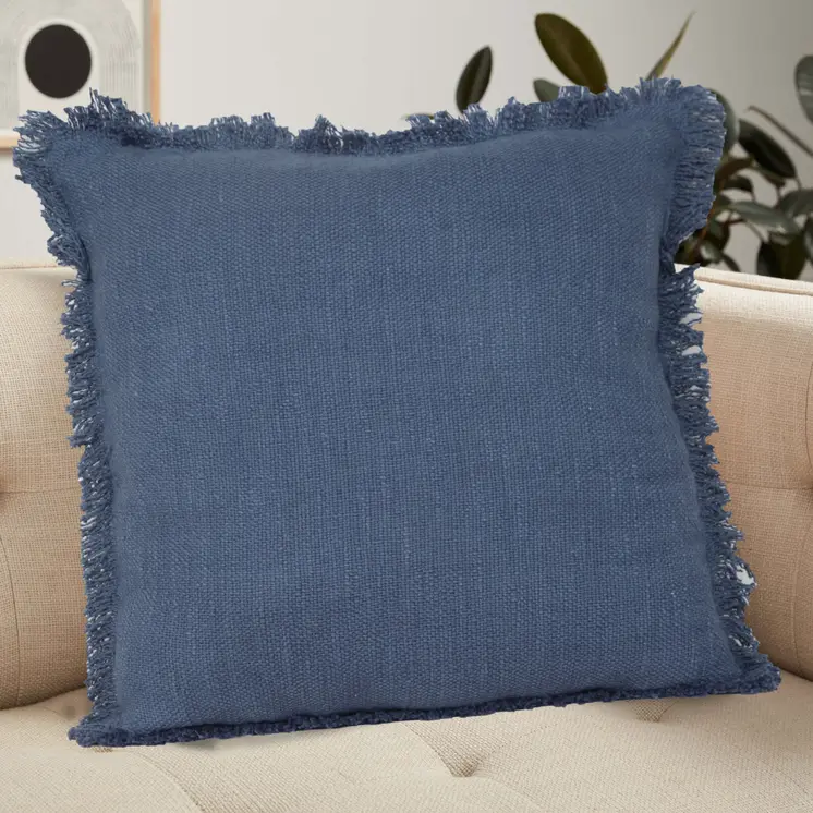 20" Navy Blue Cotton Throw Pillow with Fringe