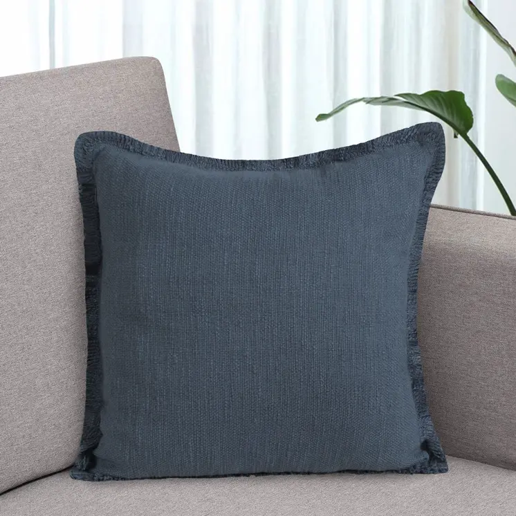 20" Navy Blue Cotton Throw Pillow with Fringe