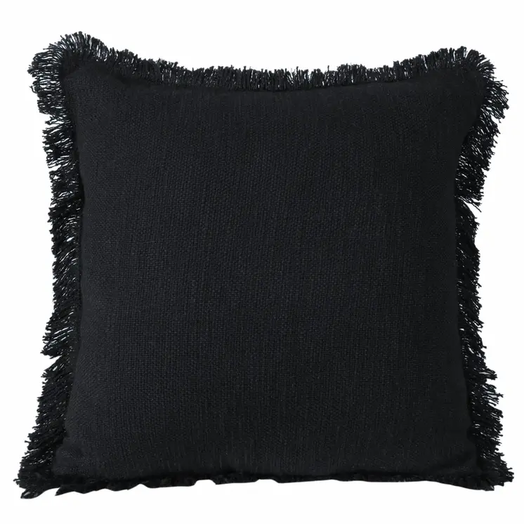20" Black Cotton Throw Pillow with Fringe
