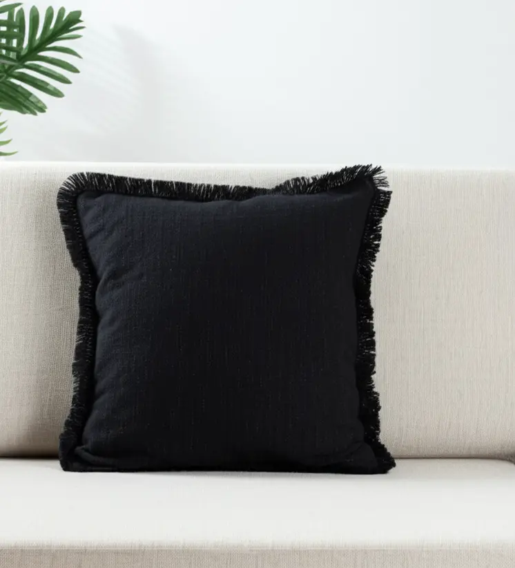 20" Black Cotton Throw Pillow with Fringe