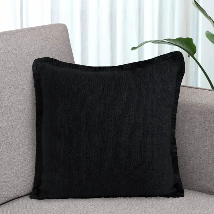 20" Black Cotton Throw Pillow with Fringe
