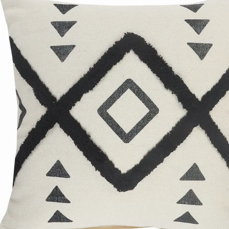20" X 20" Cream Black And Gray 100% Cotton Geometric Zippered Pillow