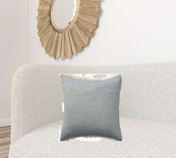 20" X 20" Blue Gray And Cream 100% Cotton Zippered Pillow