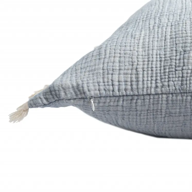 20" X 20" Blue Gray And Cream 100% Cotton Zippered Pillow