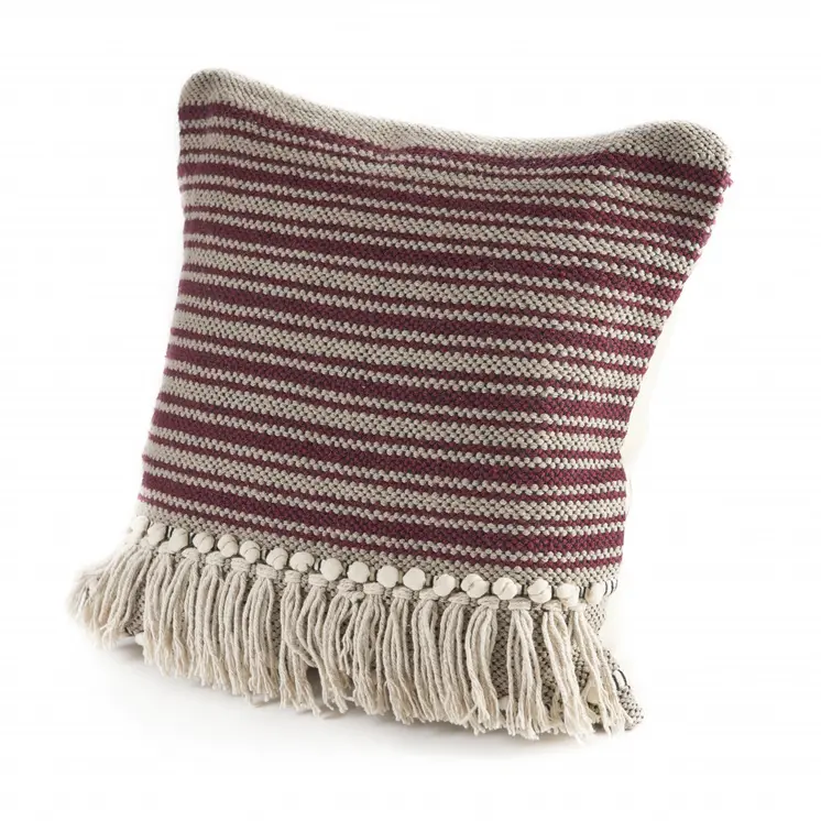 20" Maroon And Tan Cotton Striped Throw Pillow with Fringe
