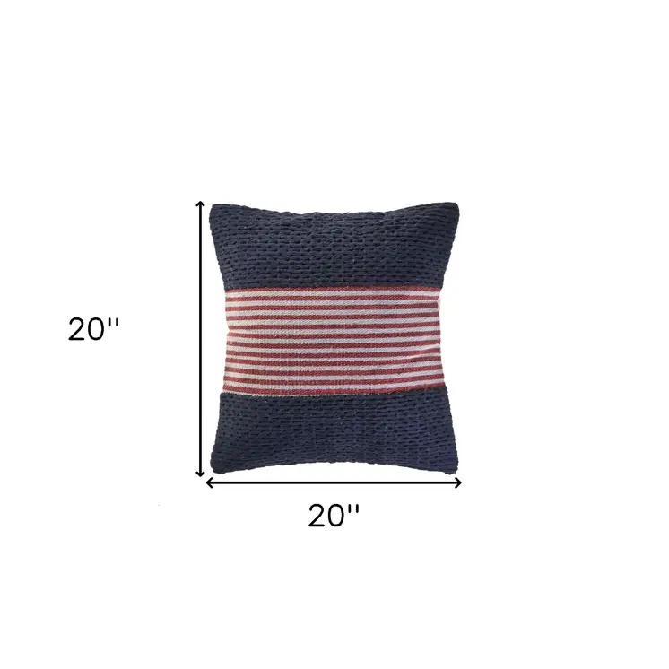 20" Blue And Red Cotton Striped Throw Pillow