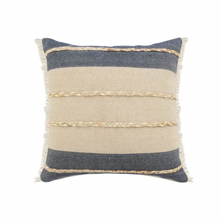 20" X 20" Denim Blue Tan And Taupe Jute Coastal Zippered Pillow