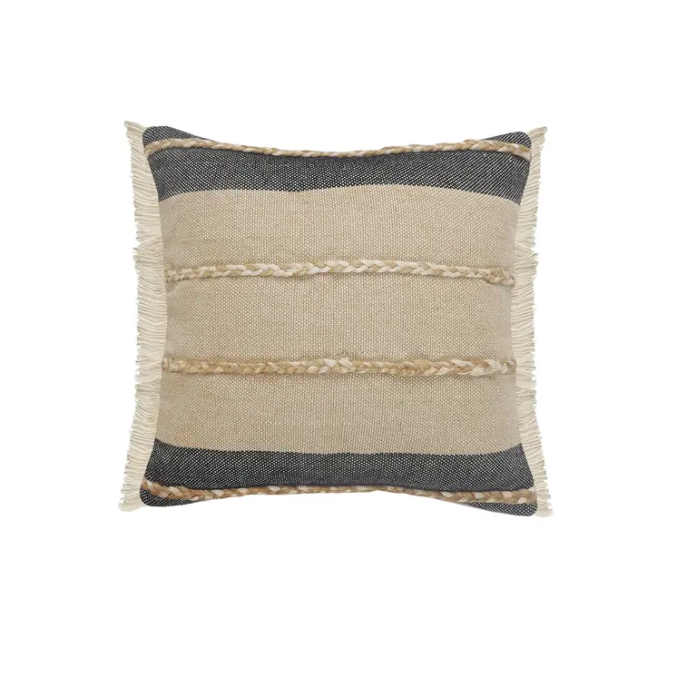 20" X 20" Beige And Ivory Jute Striped Zippered Pillow With Fringe
