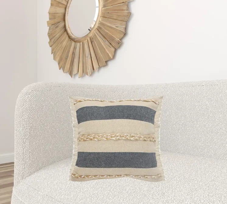 20" X 20" Denim Blue Tan And Taupe Jute Coastal Zippered Pillow