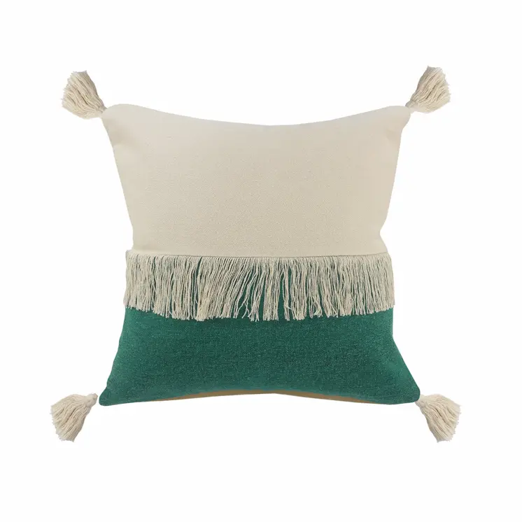 20" Emerald And White Cotton Color Block Throw Pillow with Fringe And Tassels