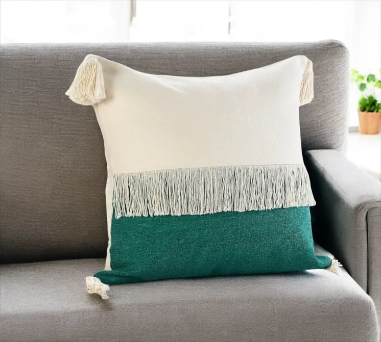 20" Emerald And White Cotton Color Block Throw Pillow with Fringe And Tassels