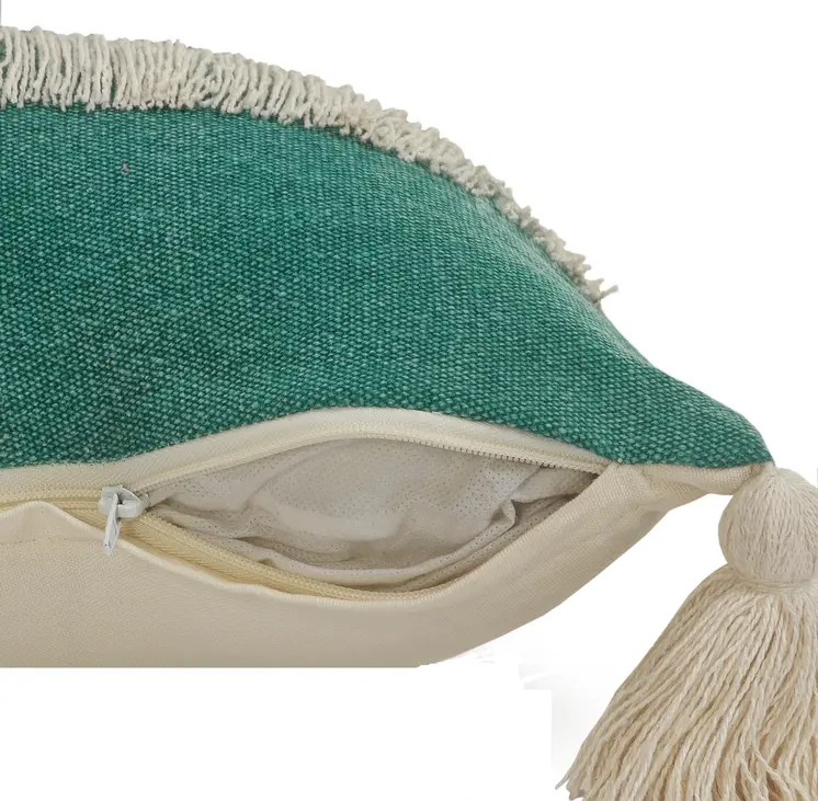 20" Emerald And White Cotton Color Block Throw Pillow with Fringe And Tassels