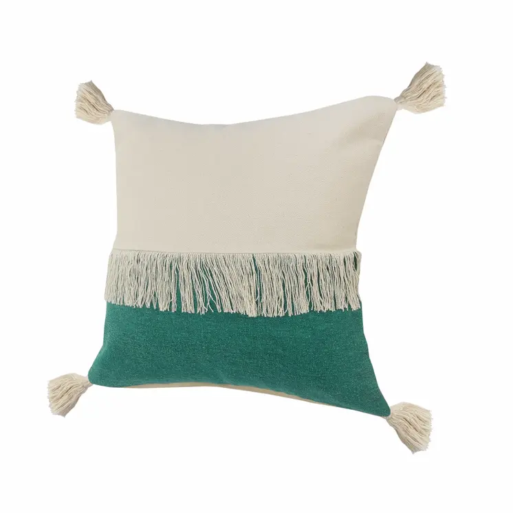 20" Emerald And White Cotton Color Block Throw Pillow with Fringe And Tassels