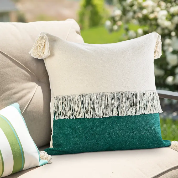 20" Emerald And White Cotton Color Block Throw Pillow with Fringe And Tassels