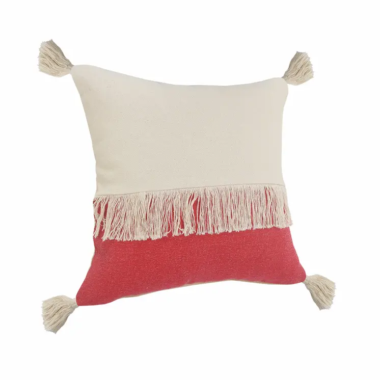 20" x 20" Red and Off White 100% Cotton Pillow With Tassels