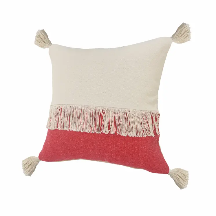 20" x 20" Red and Off White 100% Cotton Pillow With Tassels