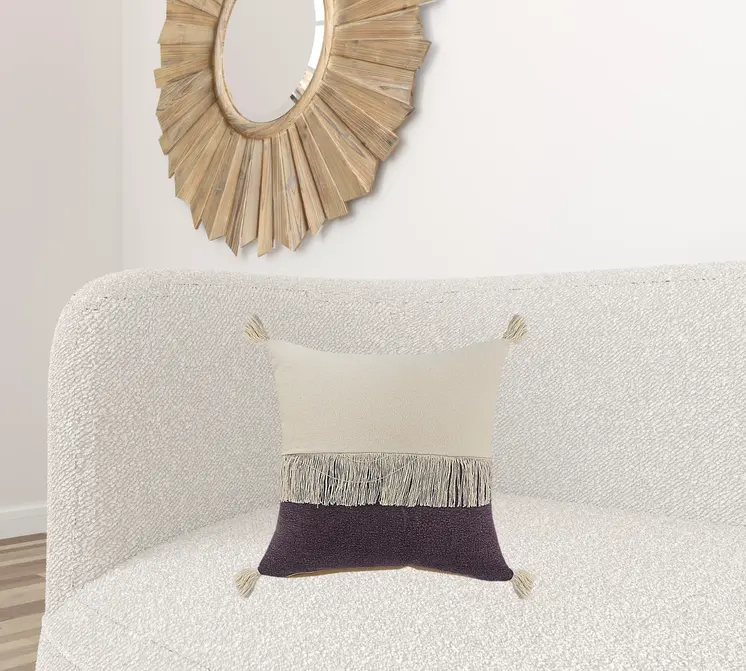 20" X 20" Purple And Off-White 100% Cotton Zippered Pillow