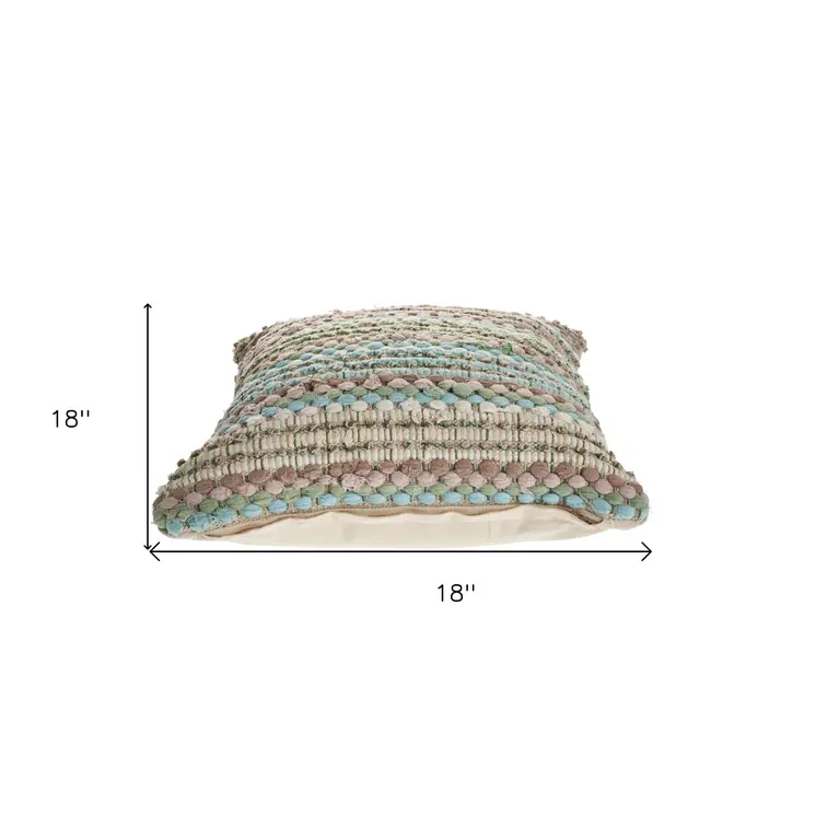 18" Blue And Green Cotton Striped Throw Pillow