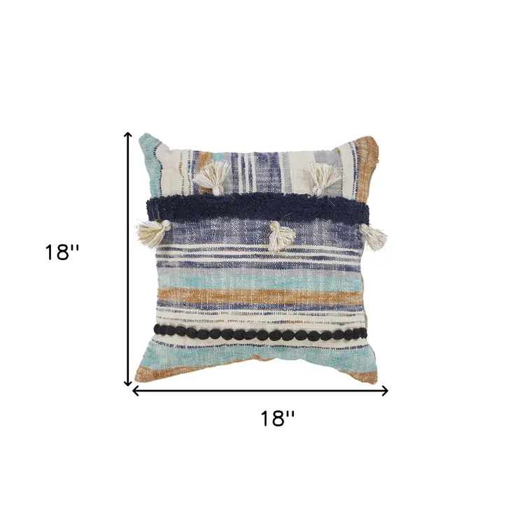 18" Blue and Beige Throw Pillow with Tassels