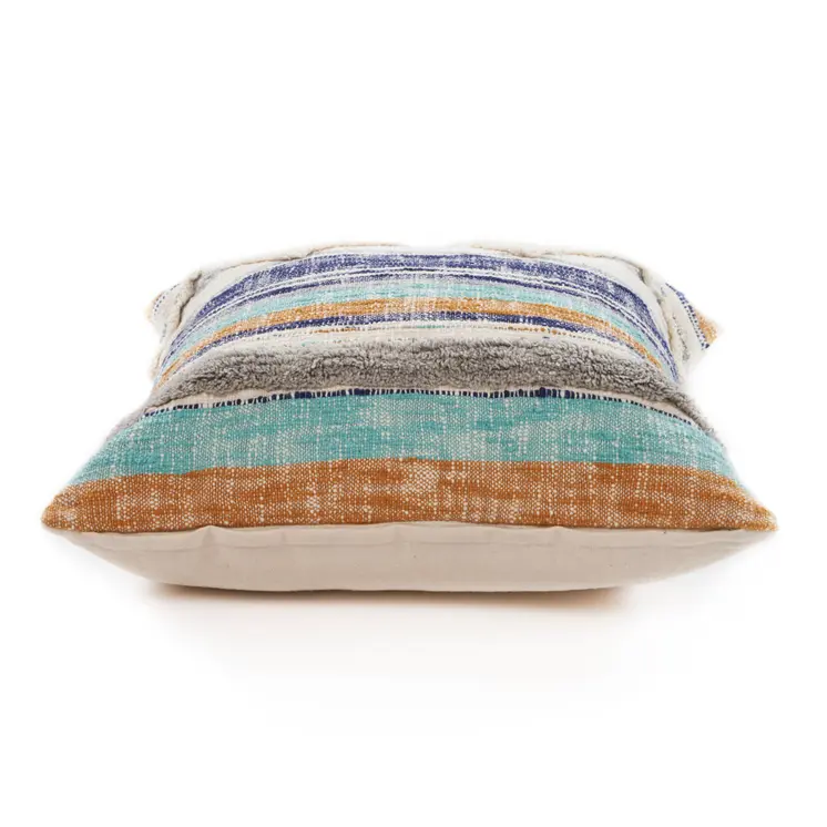 18" Beige Blue and Gray Throw Pillow