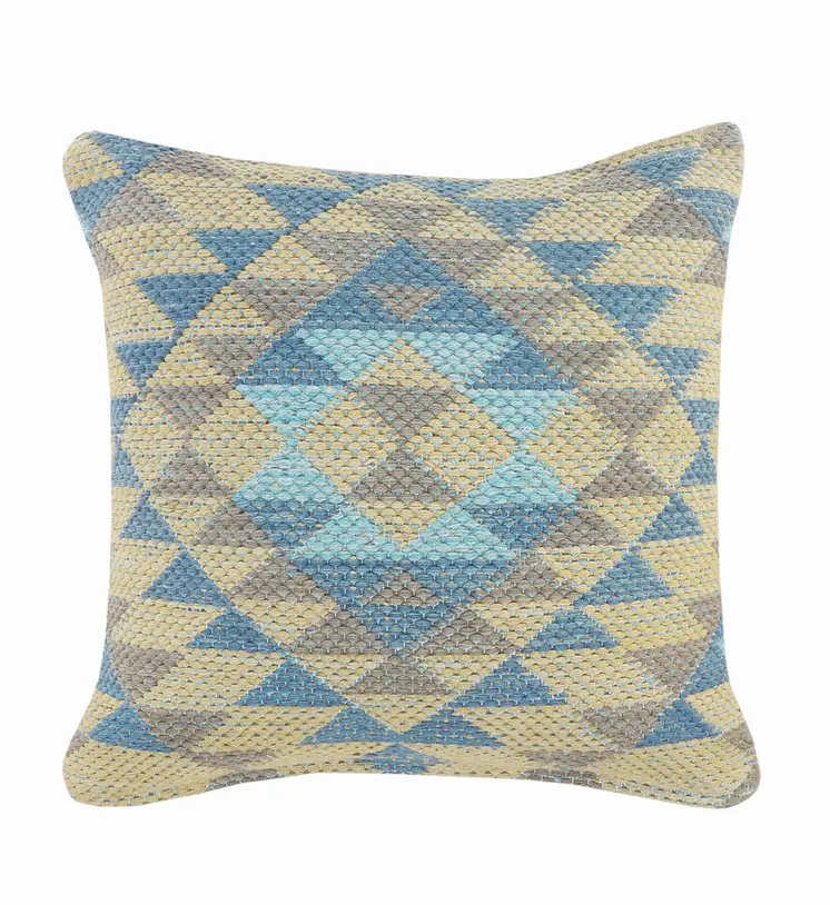 18" X 18" Blue Gray And Beige 100% Cotton Geometric Zippered Pillow