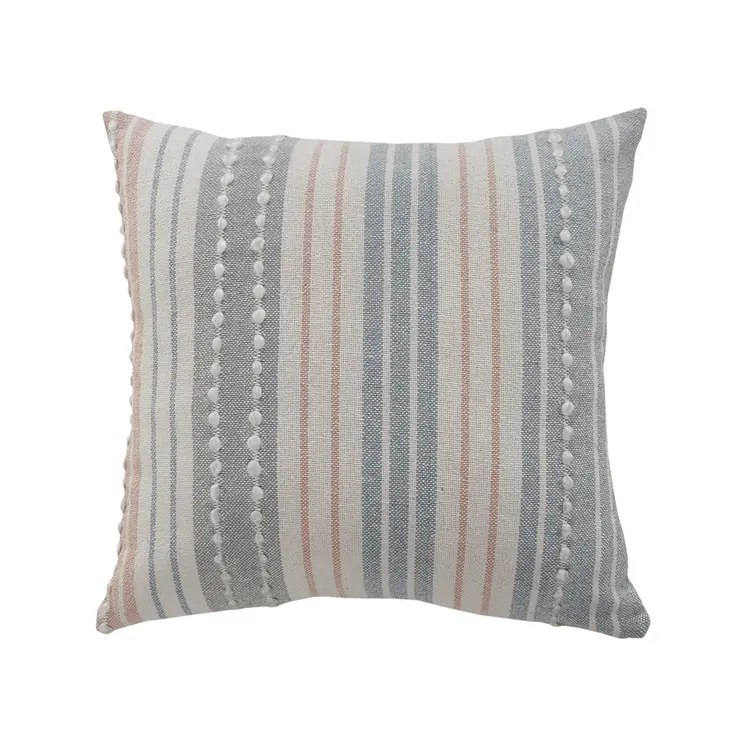 20" X 20" White Blue Gray And Tan 100% Cotton Striped Zippered Pillow