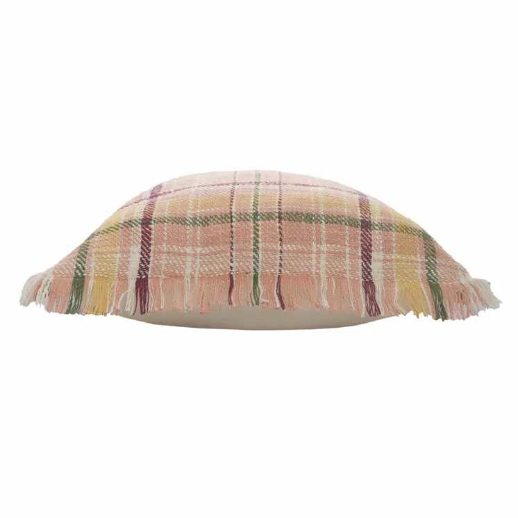 20" Pink And Yellow Cotton Plaid Throw Pillow with Fringe