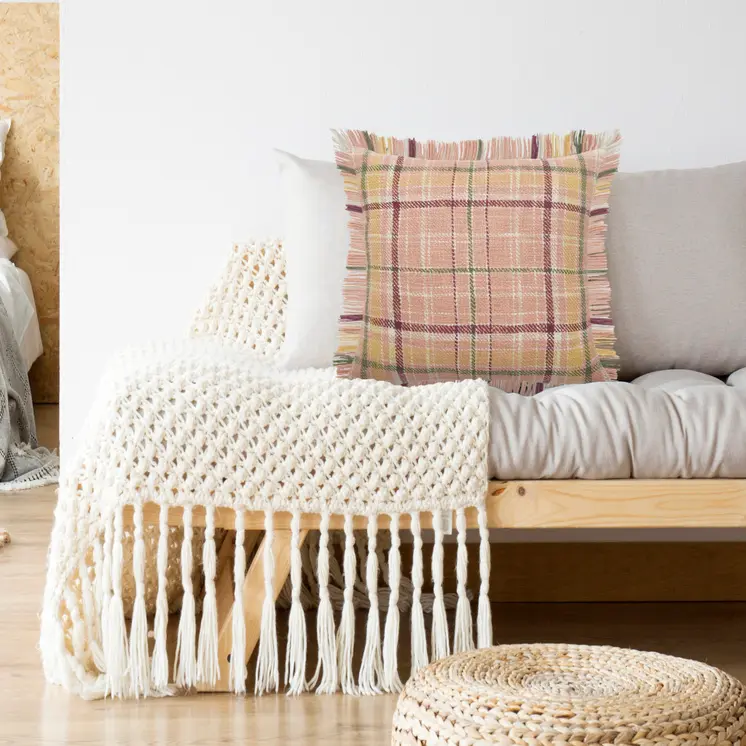 20" Pink And Yellow Cotton Plaid Throw Pillow with Fringe