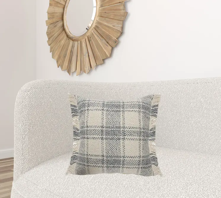 20" X 20" White And Gray-Blue Polyester Plaid Zippered Pillow