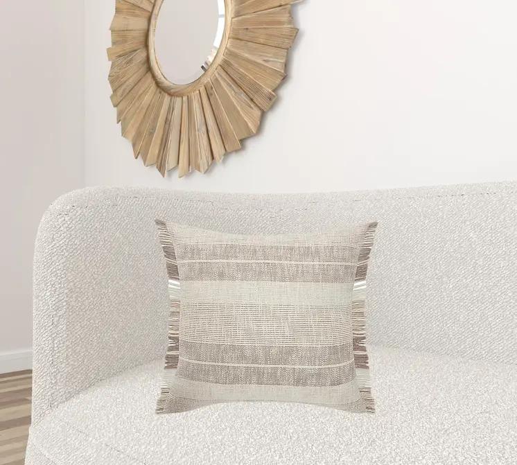 20" X 20" Cream Tan And Beige 100% Cotton Striped Zippered Pillow