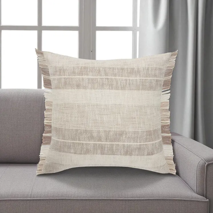 20" Cream Striped Cotton Throw Pillow