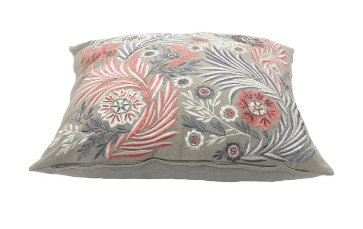 20" X 20" Gray Adn Pink 100% Cotton Floral Zippered Pillow