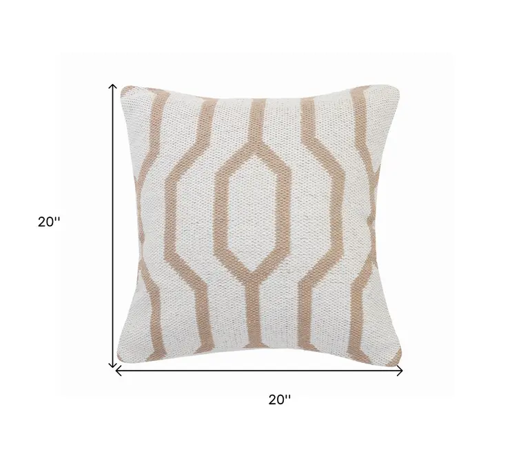 20" X 20" White And Tan 100% Cotton Geometric Zippered Pillow