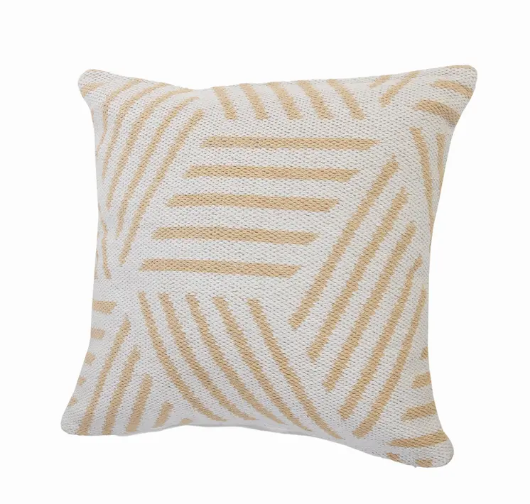 20" X 20" Tan And White 100% Cotton Geometric Zippered Pillow
