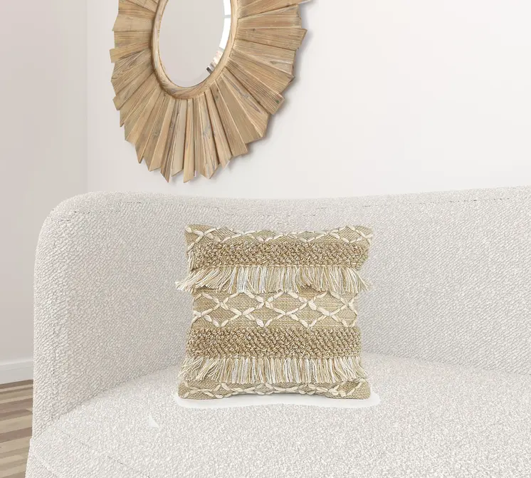 20" X 20" Beige And White Polyester Geometric Zippered Pillow