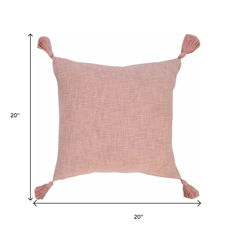 20" Light Pink Cotton Throw Pillow with Tassels
